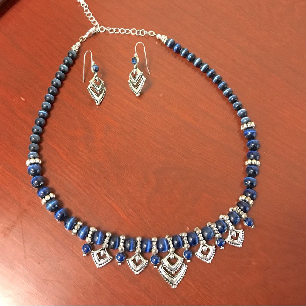 Navy & Silver Southwestern Style Necklace & Earring Set